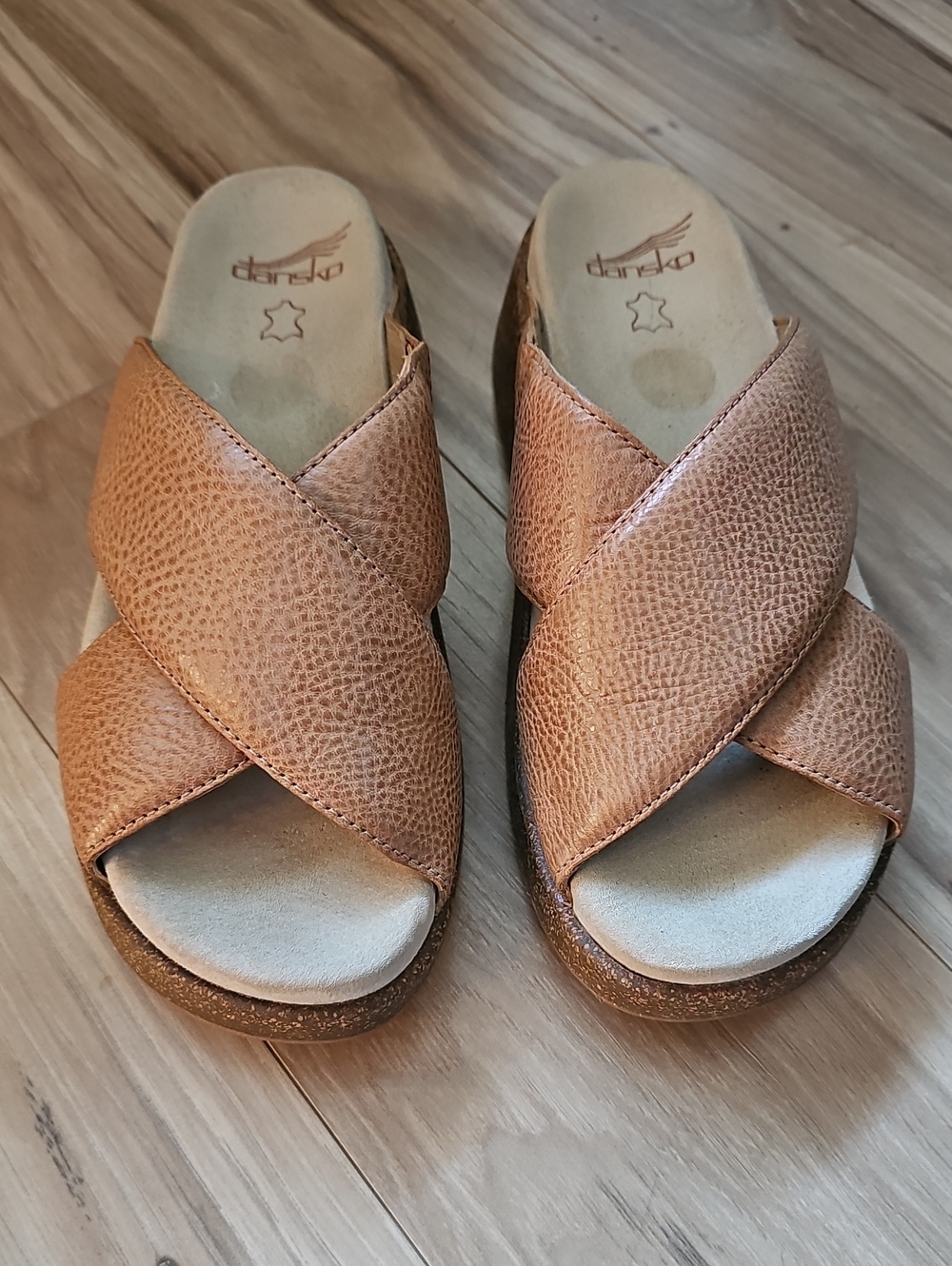 Dansko Tan Leather Crisscross Slide Mules